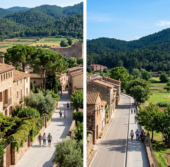 Vistas de las zonas arboladas, la arquitectura tradicional y la naturaleza de Sentmenat